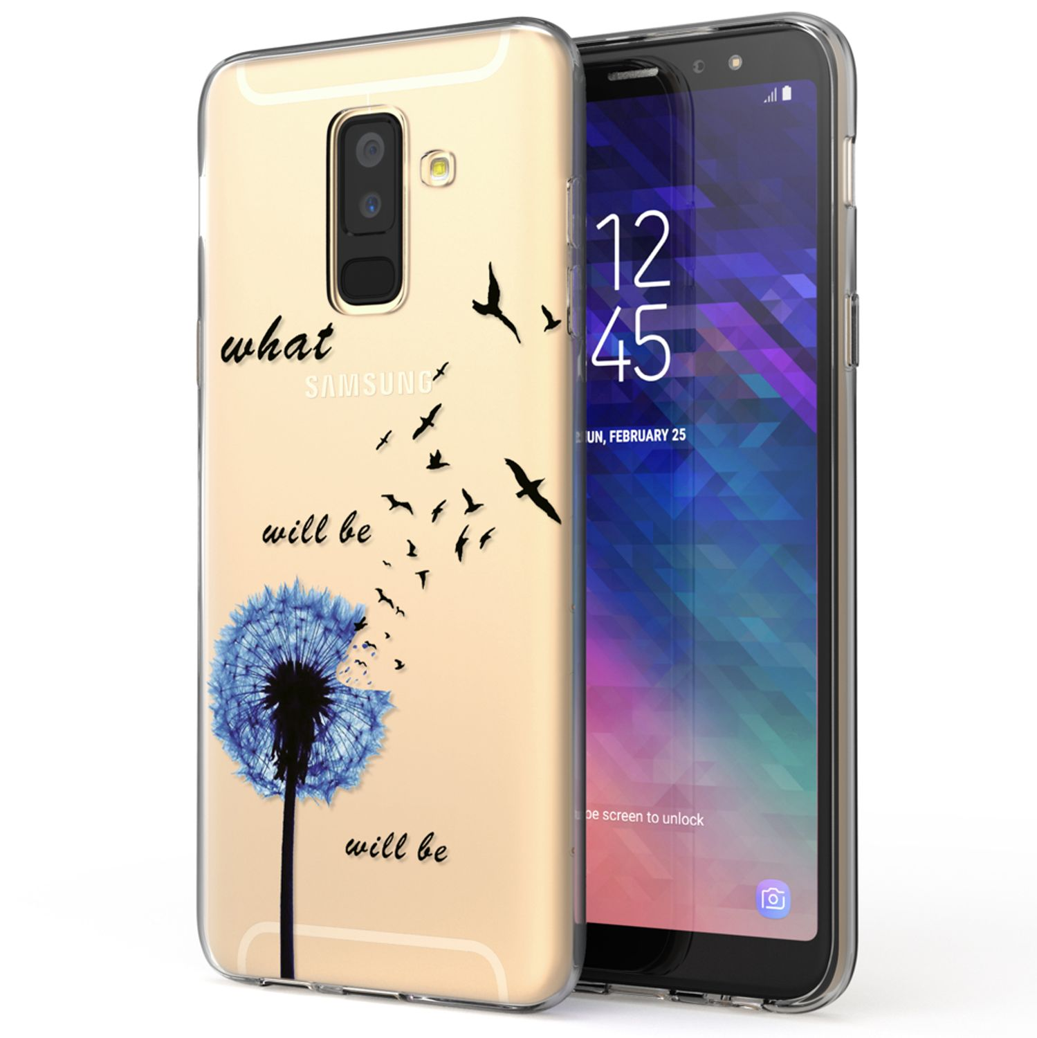 Telefon in einer Hülle mit Löwenzahndesign, fliegenden Vögeln und den Worten 'what will be'.