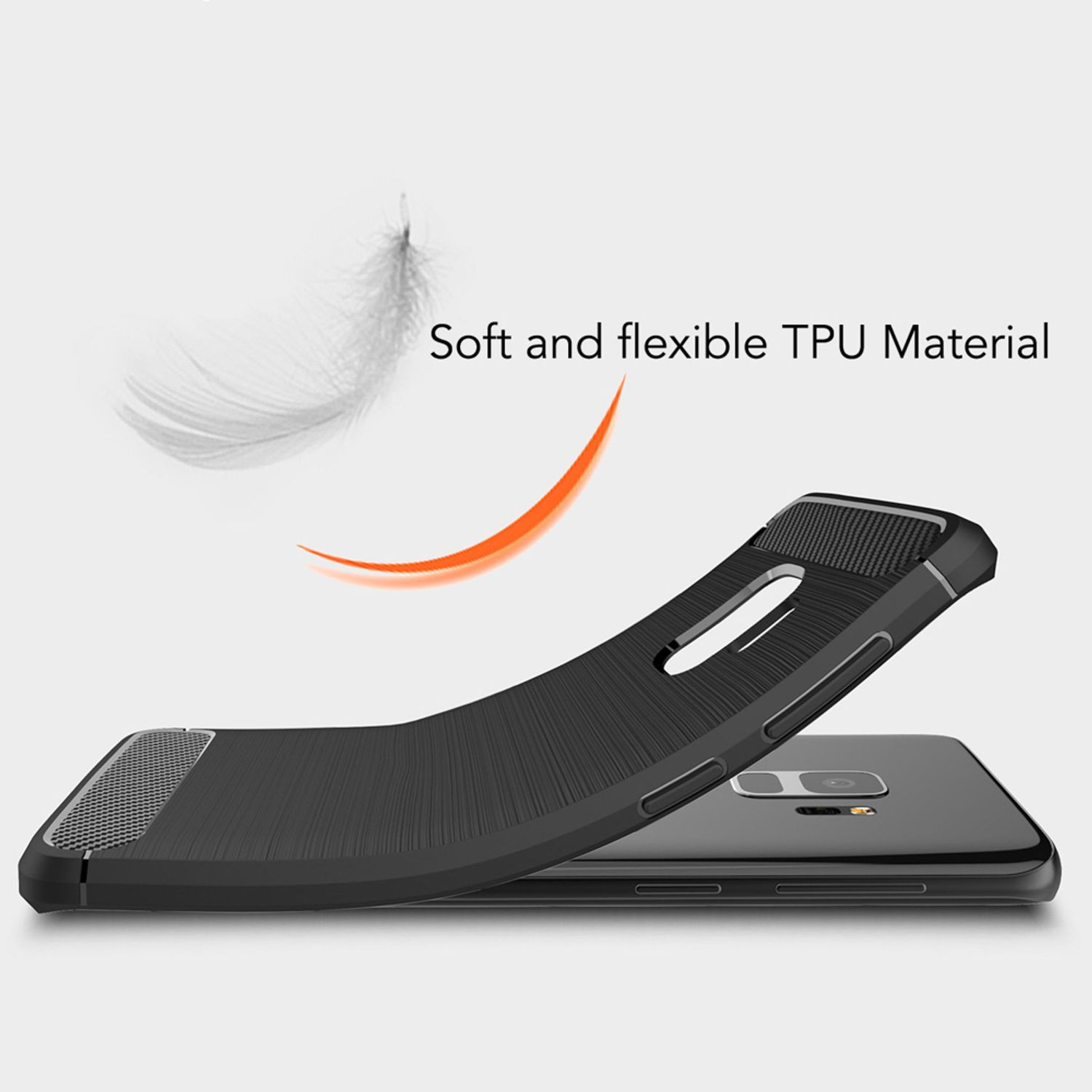 Schwarze Handyhülle, gebogen, um Flexibilität zu zeigen. Text: Weiches und flexibles TPU-Material. Weißer Feder im Hintergrund.