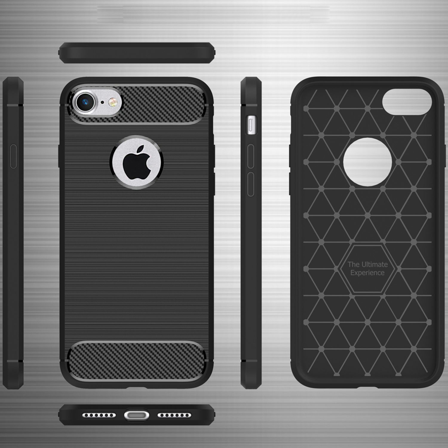 Una custodia per telefono con il logo Apple. La custodia ha una trama nera simile alla fibra di carbonio.