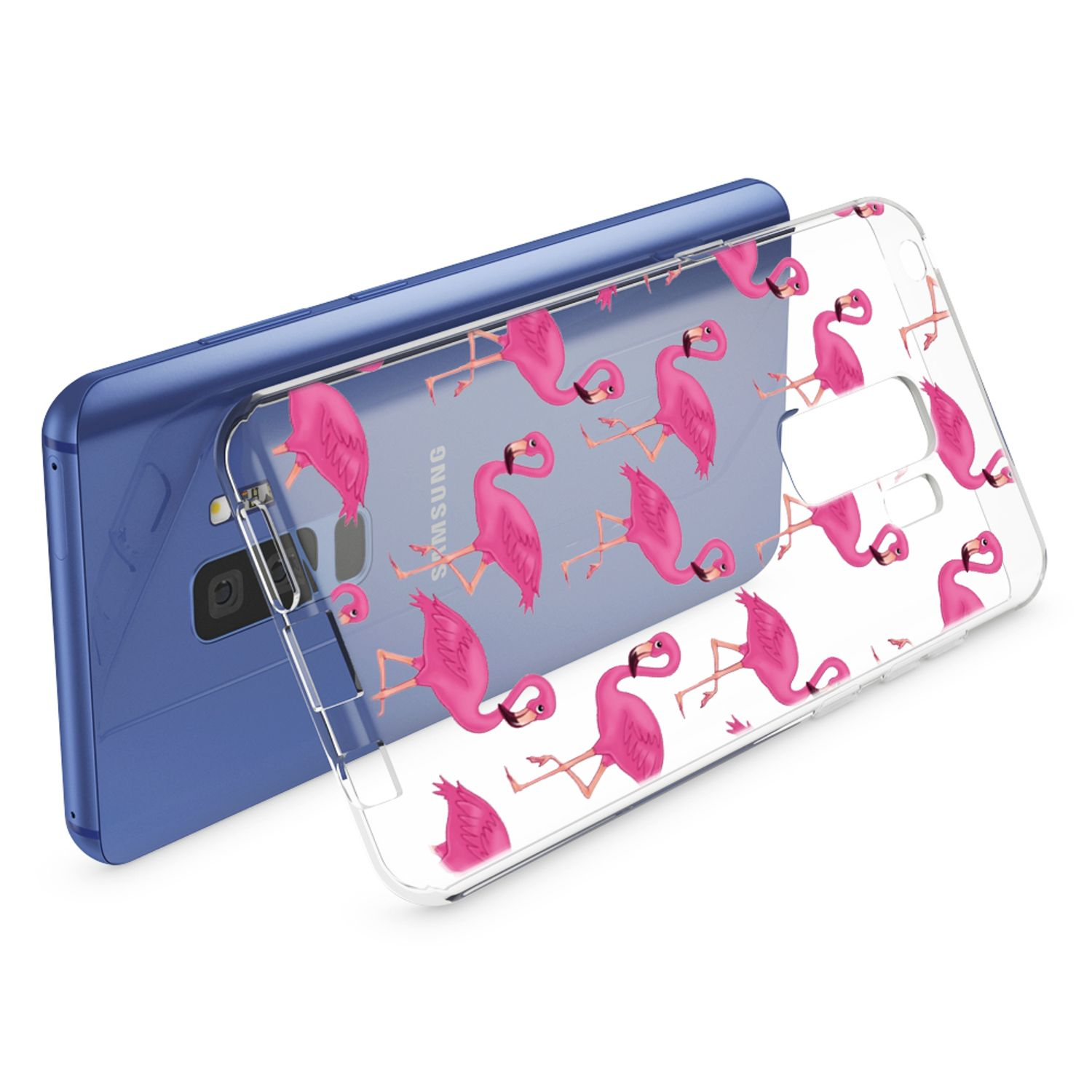 Ein blaues Telefon mit Flamingohülle. Die Hülle zeigt rosa Flamingos auf weißem Hintergrund.