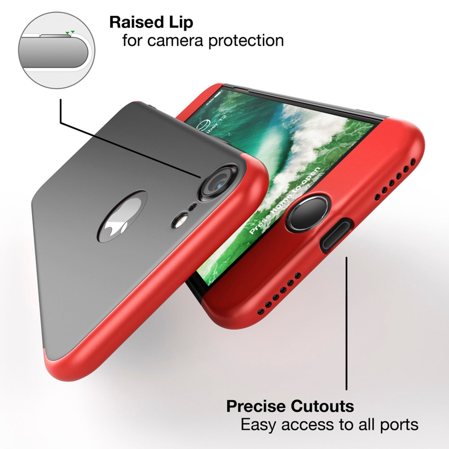 Rote und graue Handyhülle, Telefon innen. Erhöhte Lippe für Kameraschutz und präzise Aussparungen.