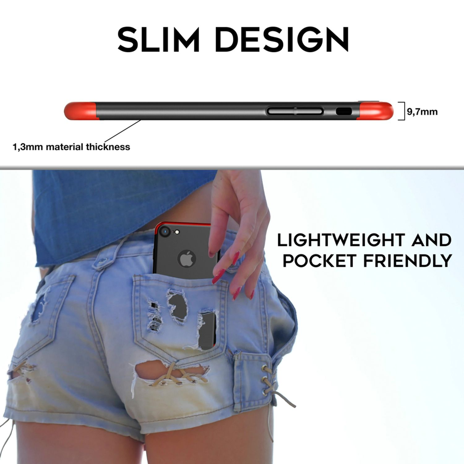 Telefon in Jeans-Hosentasche. Das Telefon ist schwarz mit rotem Rand und schlankem Design.