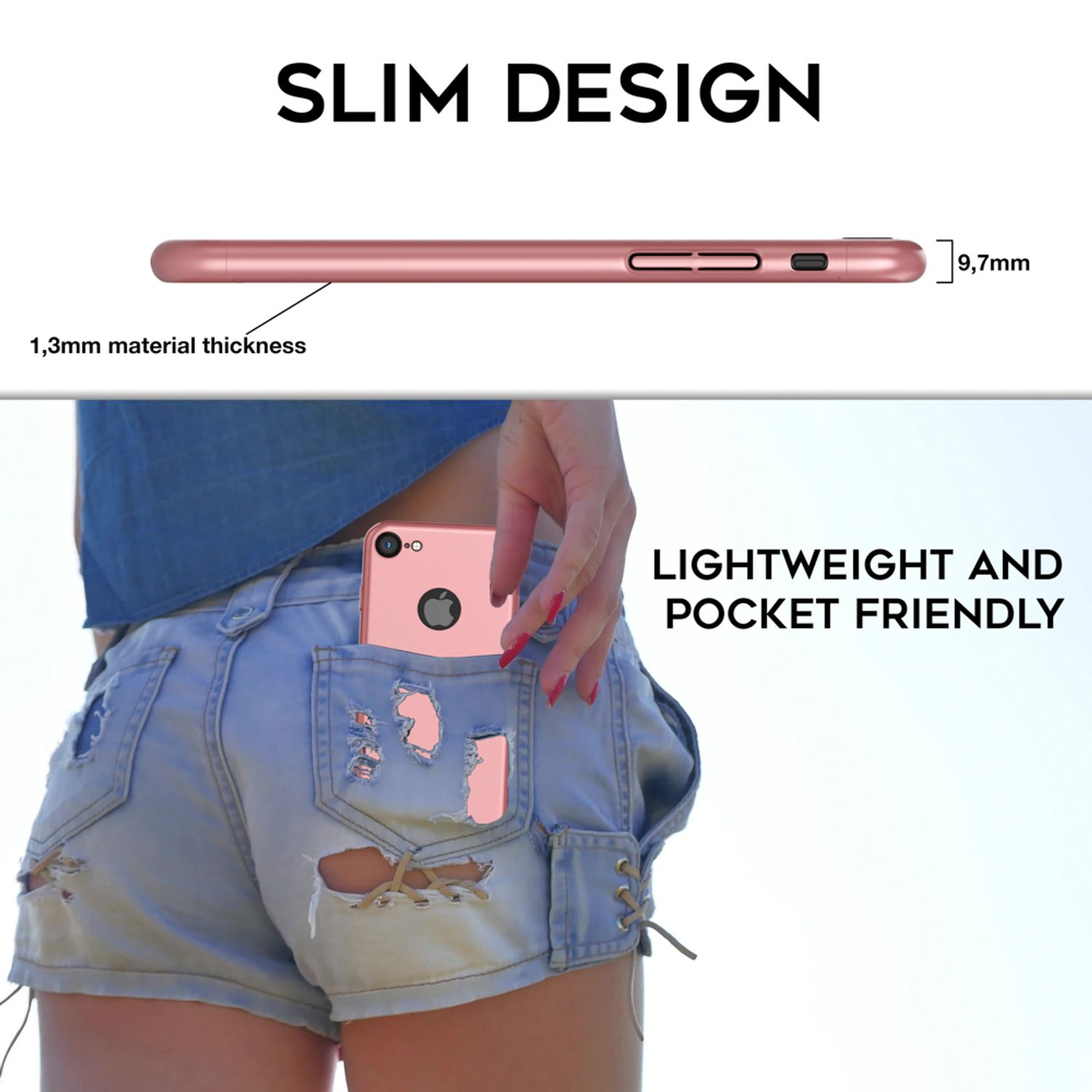 Roségoldenes Telefon in einer Jeanstasche, Text über schlankes Design und Materialstärke, leicht, taschenfreundlich.