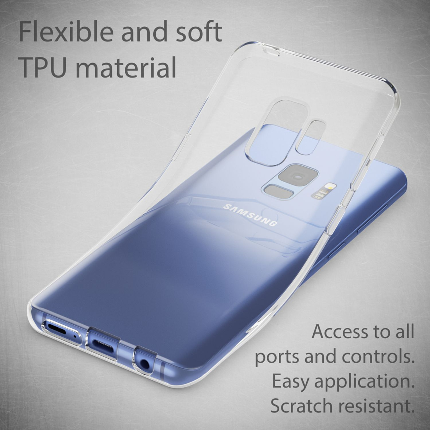 Eine transparente Handyhülle über einem blauen Telefon. Die Hülle ist flexibel und hat Zugang zu allen Anschlüssen. Das Telefon ist ein Samsung.