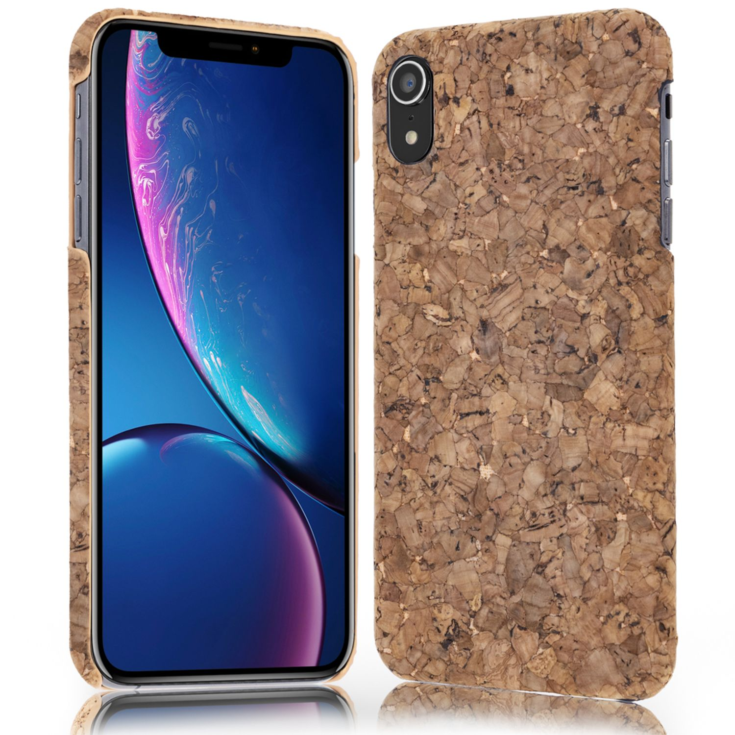 Zwei Telefone mit Kork-Hüllen. Eines zeigt einen Bildschirm mit blauem Design, das andere die Rückseite.