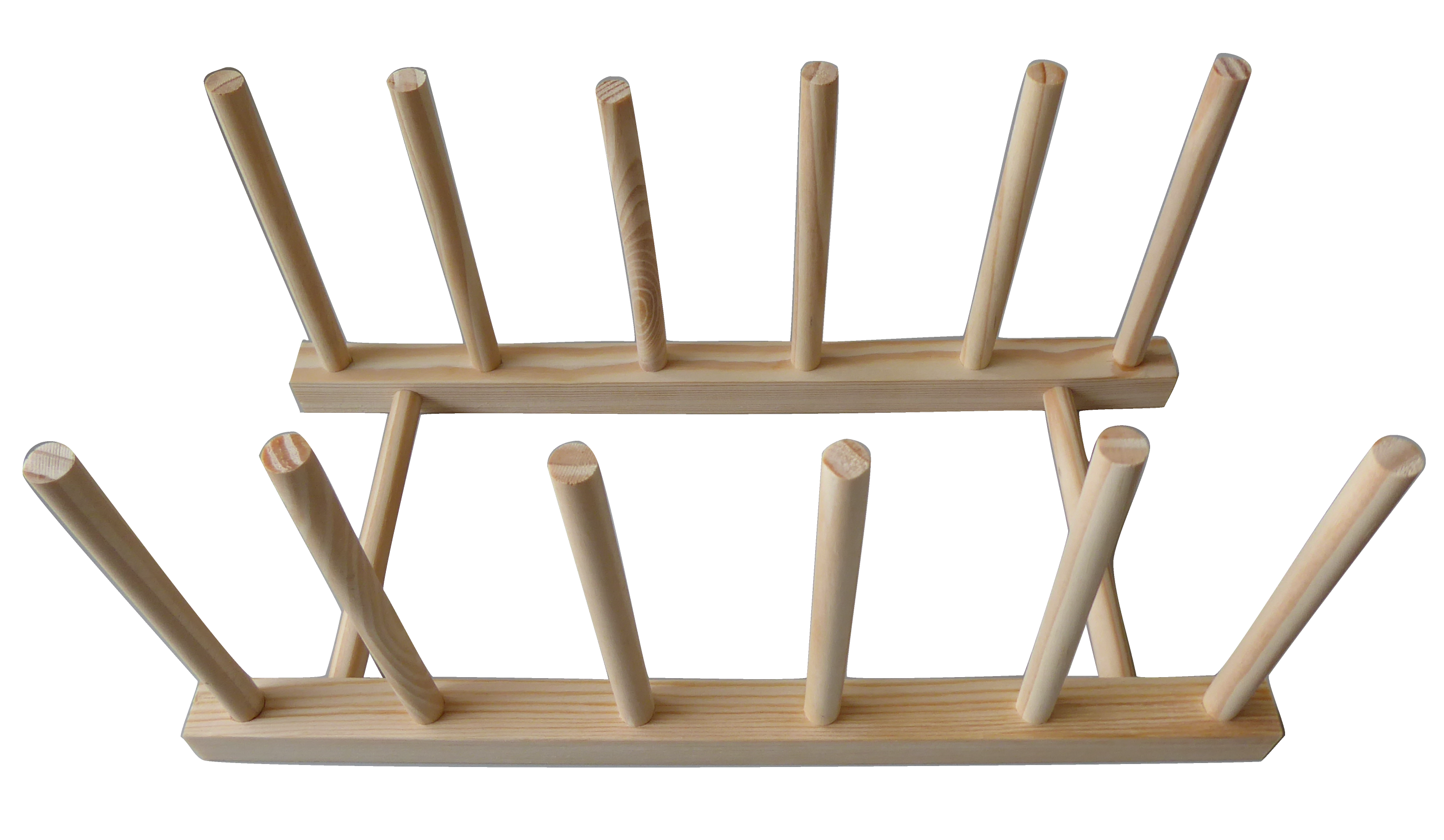 Zwei Holz-Stiefelregale mit vertikalen Dübeln. Naturholzfarbe, schlichtes Design, abgewinkelte Stützen und Basis.