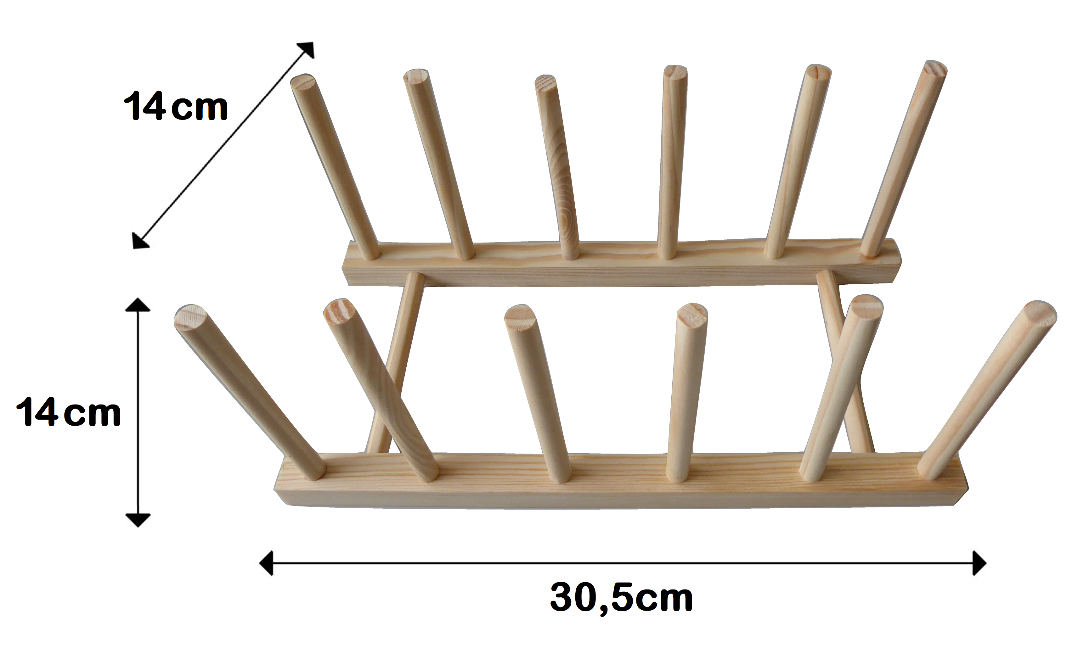 Ein Holz-Trockengestell mit den Maßen: 14 cm x 14 cm x 30,5 cm.