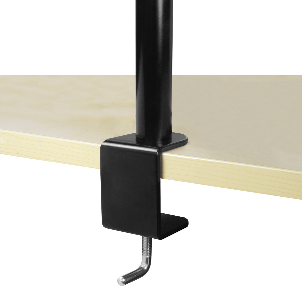 Schwarze Schreibtischklemme. Sie ist an einem hellen Holzschreibtisch befestigt. Die Klemme hat eine Schraube.