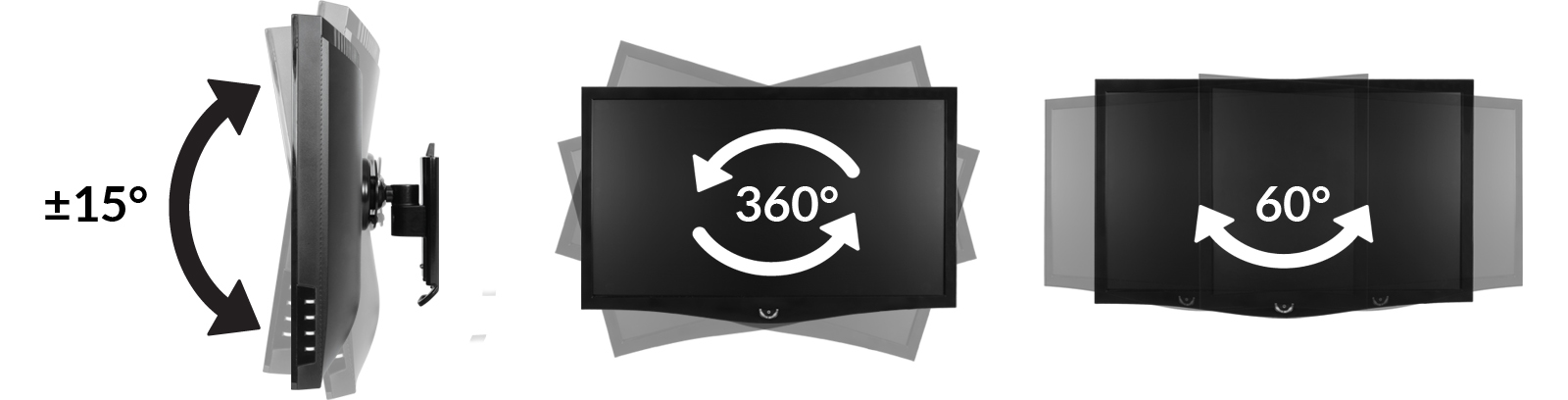 TV-Wandhalterung mit Winkeleinstellungen: ±15 Grad, 360 Grad und 60 Grad. Weißer Hintergrund.