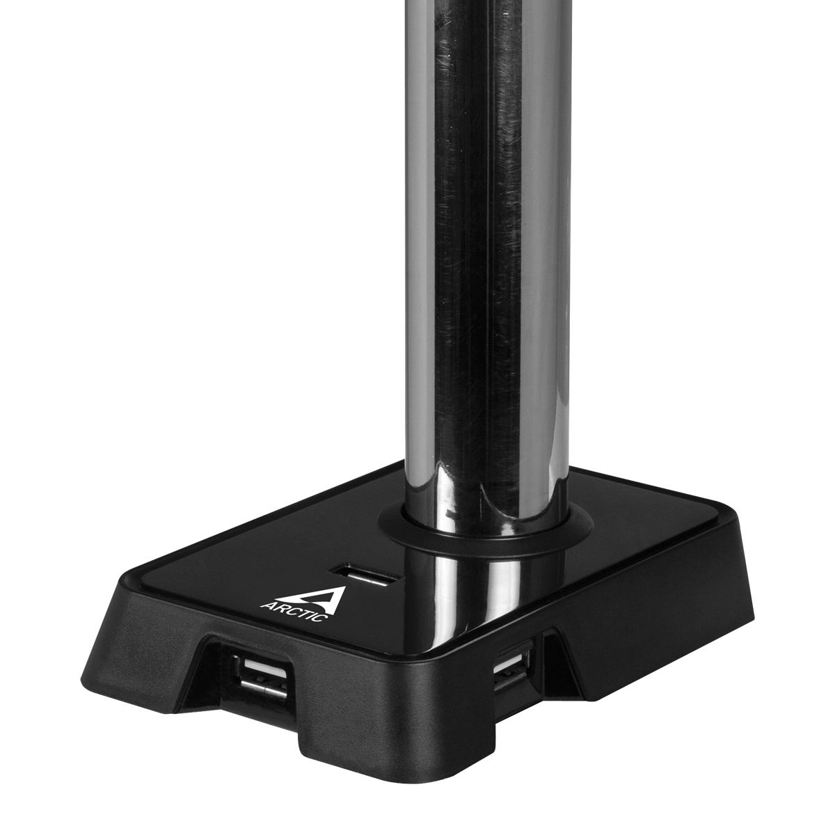Ein schwarzer Sockel mit USB-Anschlüssen und einem silbernen Metallständer. Der Ständer ist am Sockel befestigt.