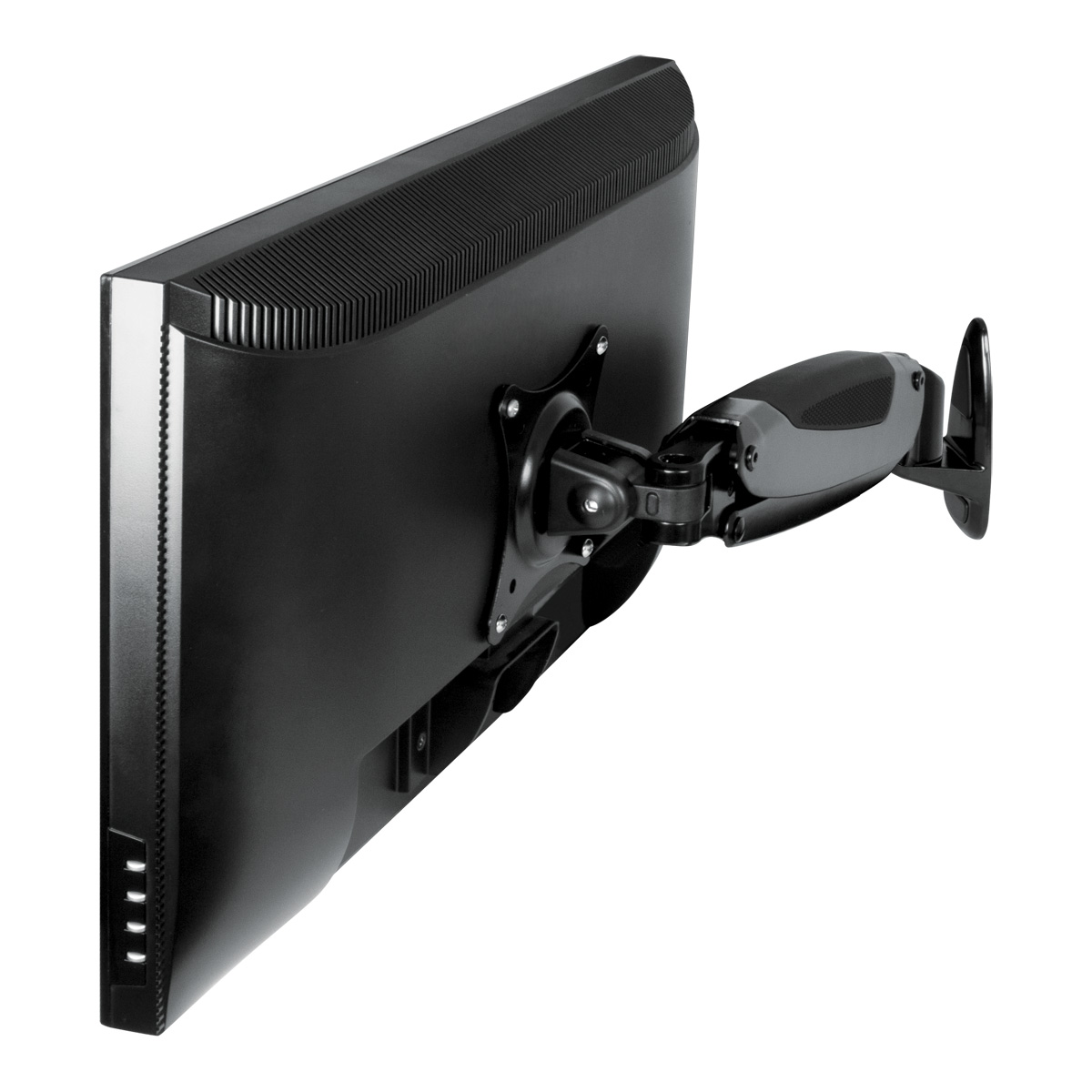 Schwarzer Computermonitor mit Montagearm, nach rechts abgewinkelt, auf weißem Hintergrund.