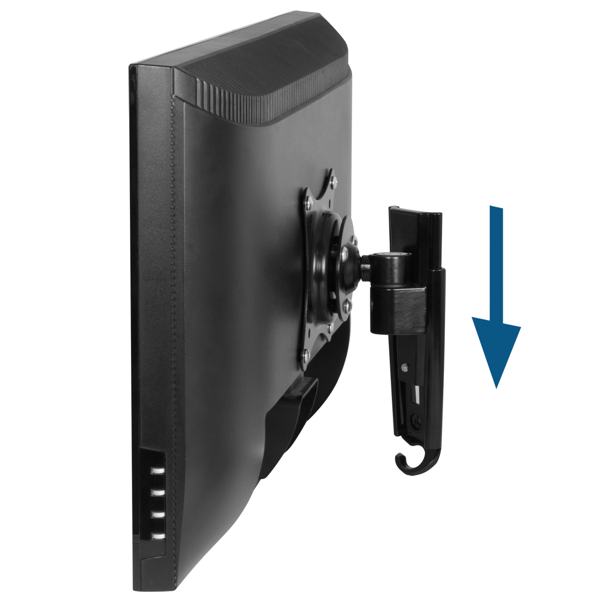 Ein schwarzer Computermonitor, der an einer Halterung befestigt ist. Ein Pfeil zeigt nach unten und zeigt, wie man den Monitor befestigt.
