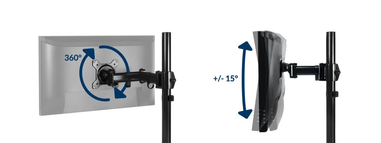Zwei Monitorhalterungen, eine mit 360° Drehung und die andere mit +/- 15° Neigung.