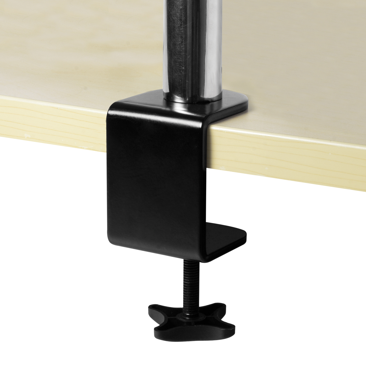 Schwarze Klemme für einen Schreibtisch mit silberner Stange, isoliert auf Weiß.