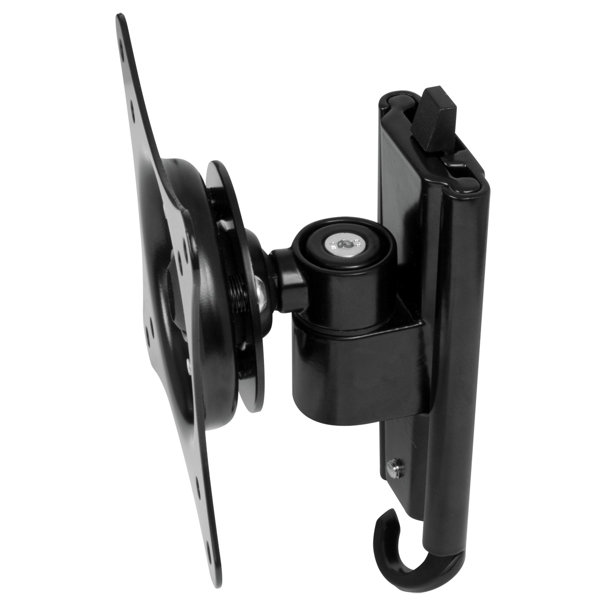 Schwarze TV-Halterung aus Metall. Sie ist an der Wand befestigt und hat mehrere bewegliche Teile.