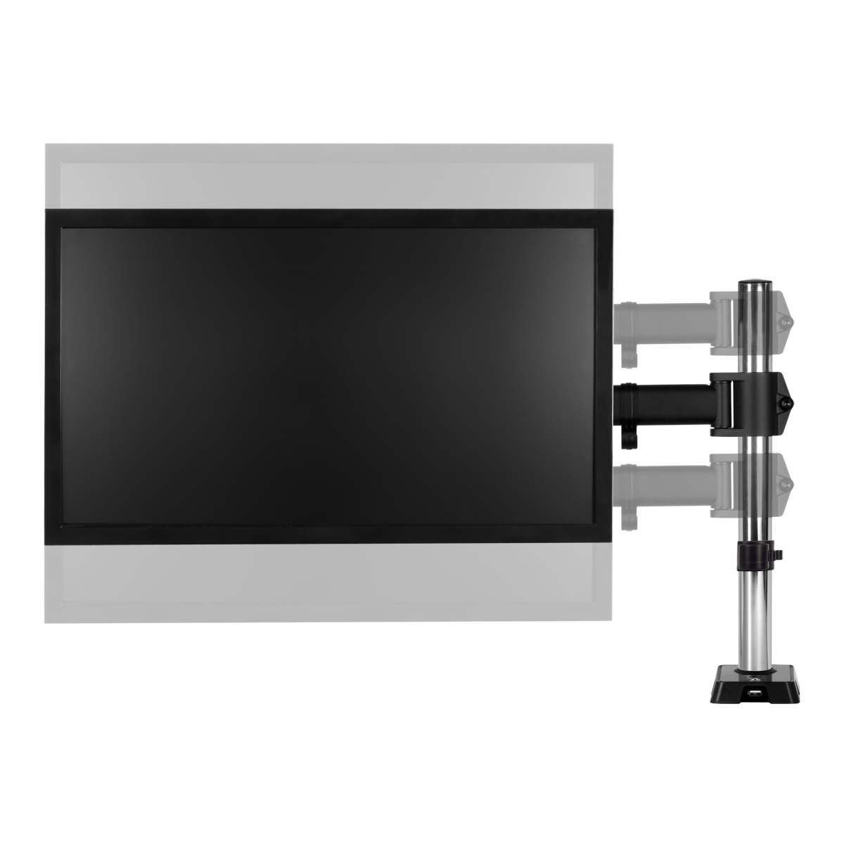 Ein Monitor ist an einem schwarz-silbernen Arm befestigt, der mit einem schwarzen Sockel verbunden ist.