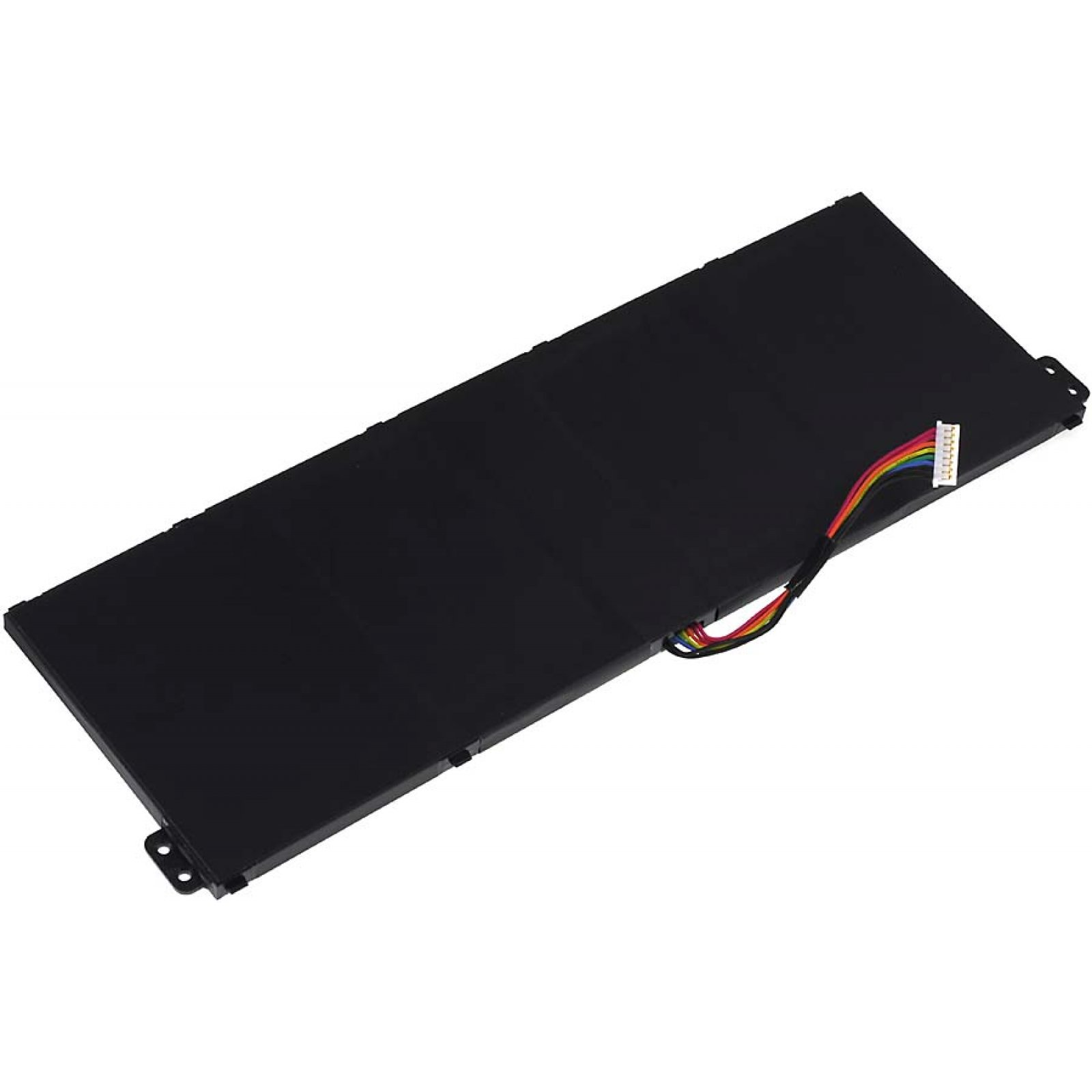 Schwarzer, rechteckiger Laptop-Akku. Er hat einen Anschluss mit mehreren Pins und Drähten.