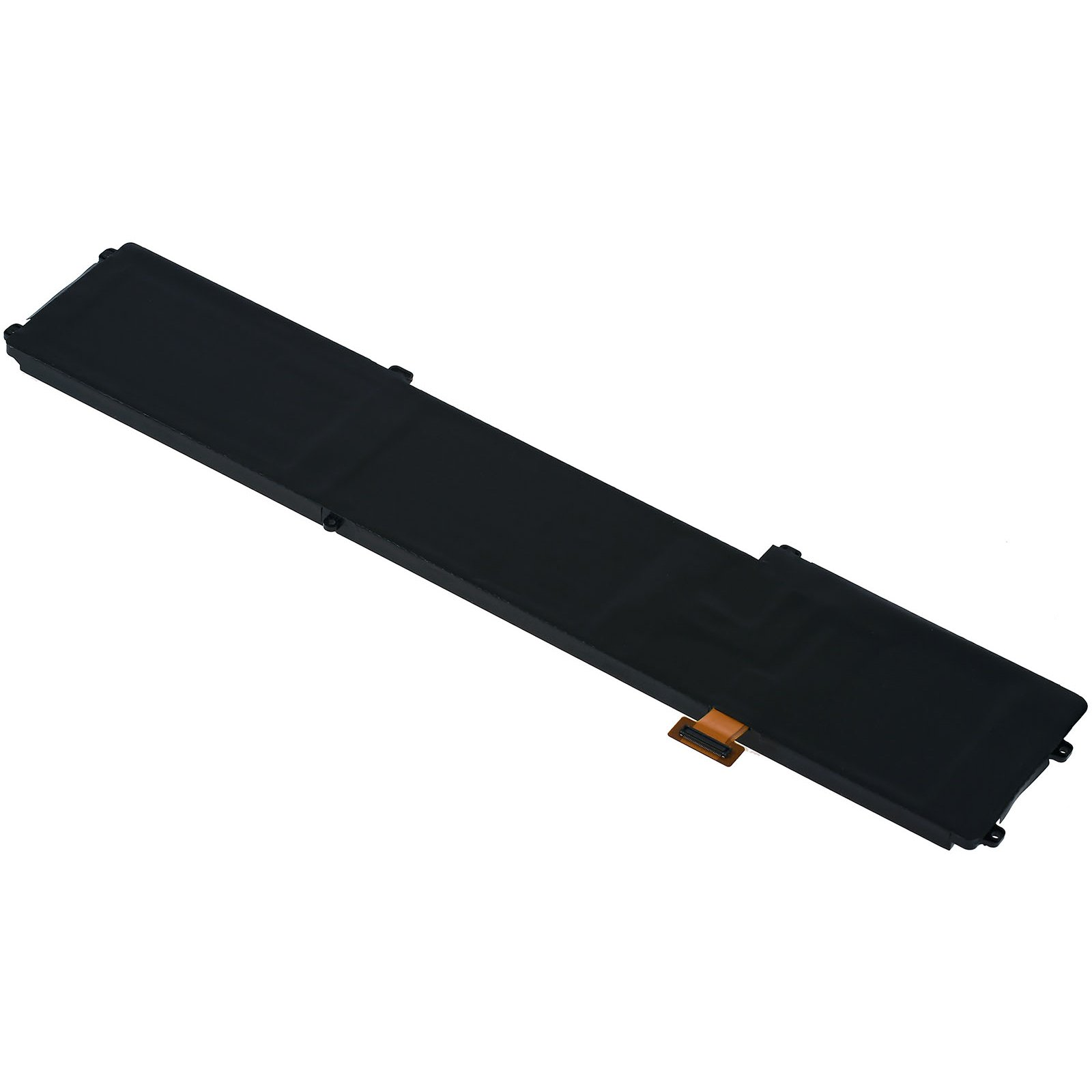 Una batería rectangular negra larga con un conector naranja fino en el lateral.