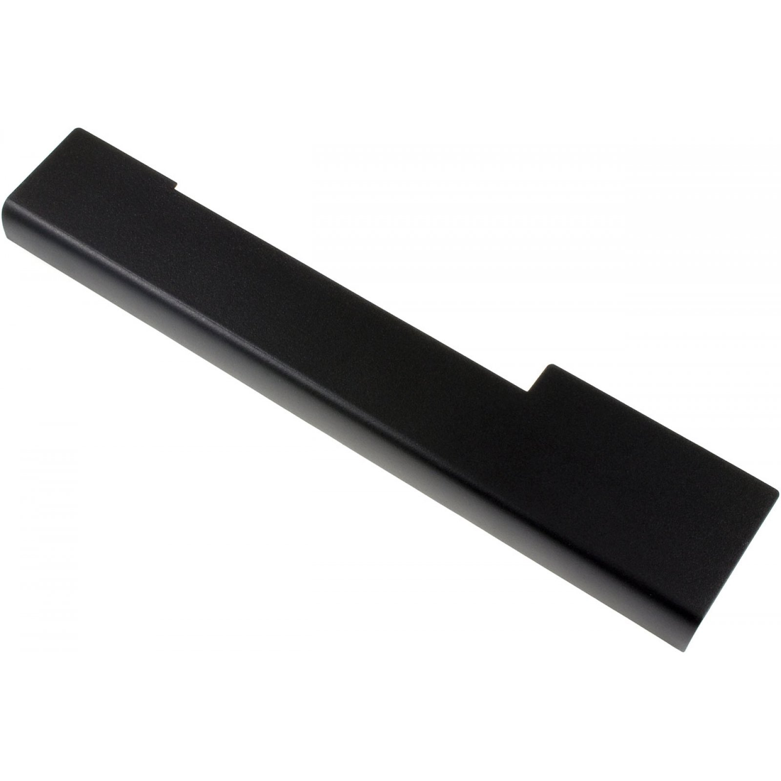 Batería negra para portátil sobre fondo blanco. La batería es rectangular.