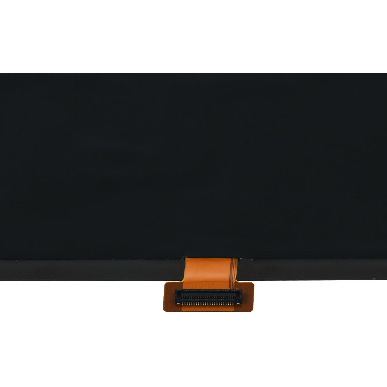 Un panel de pantalla negro con un conector en la parte inferior. El panel es rectangular y tiene una superficie lisa.