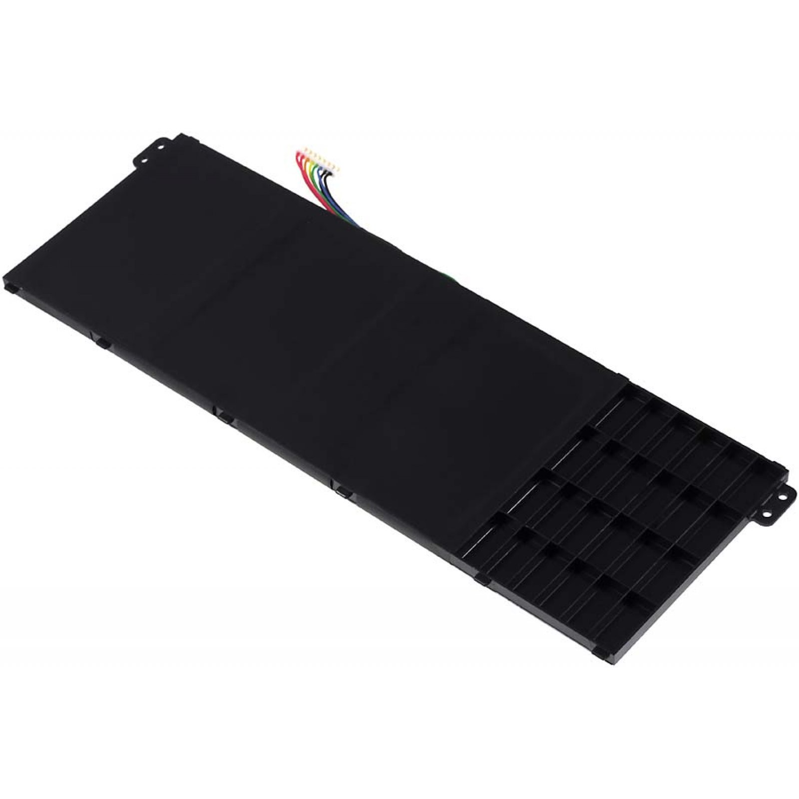 Batería rectangular negra con un conector y varios cables sobre un fondo blanco. La batería está abierta.