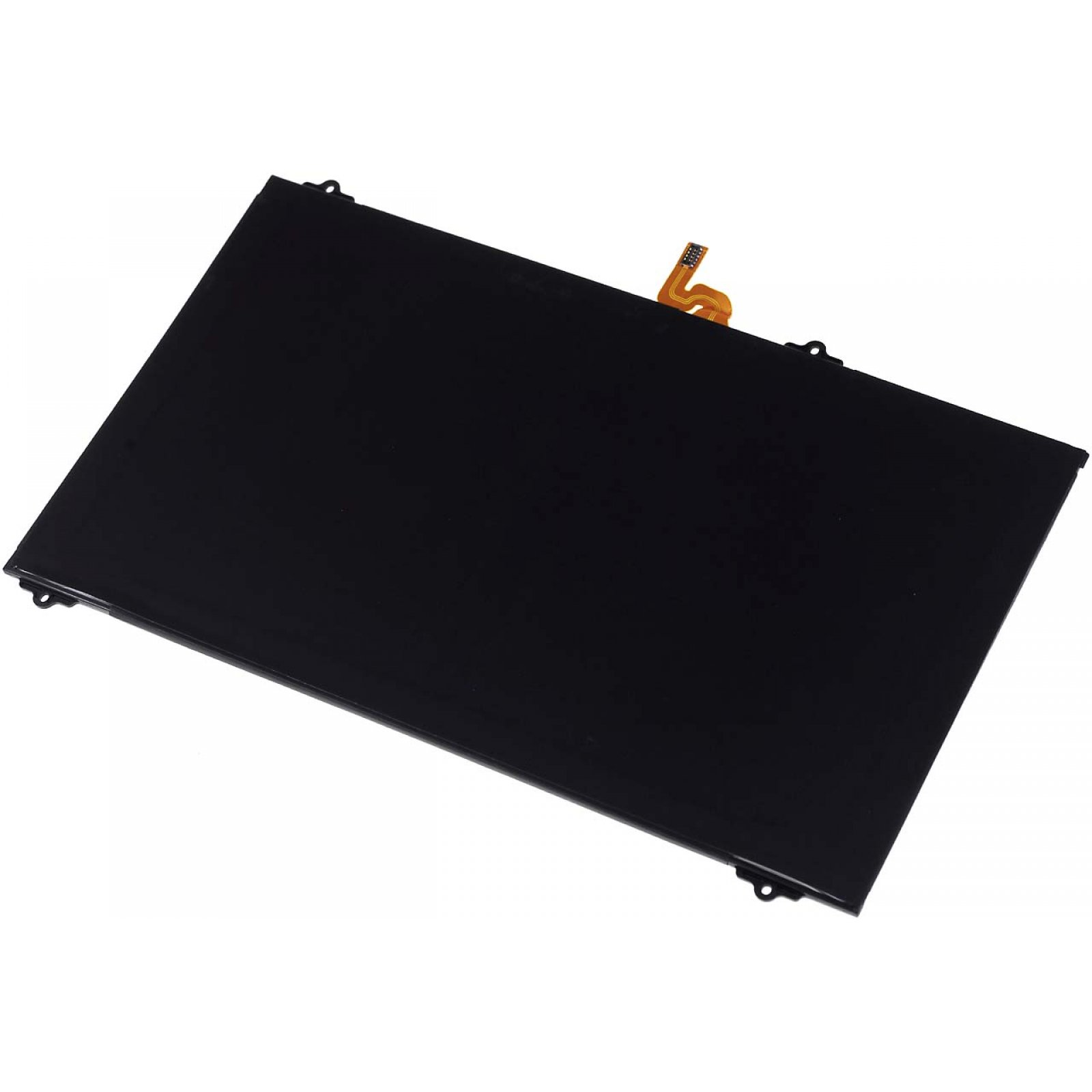 Batería negra para portátil. Rectangular, plana, con un pequeño cable naranja conectado arriba.