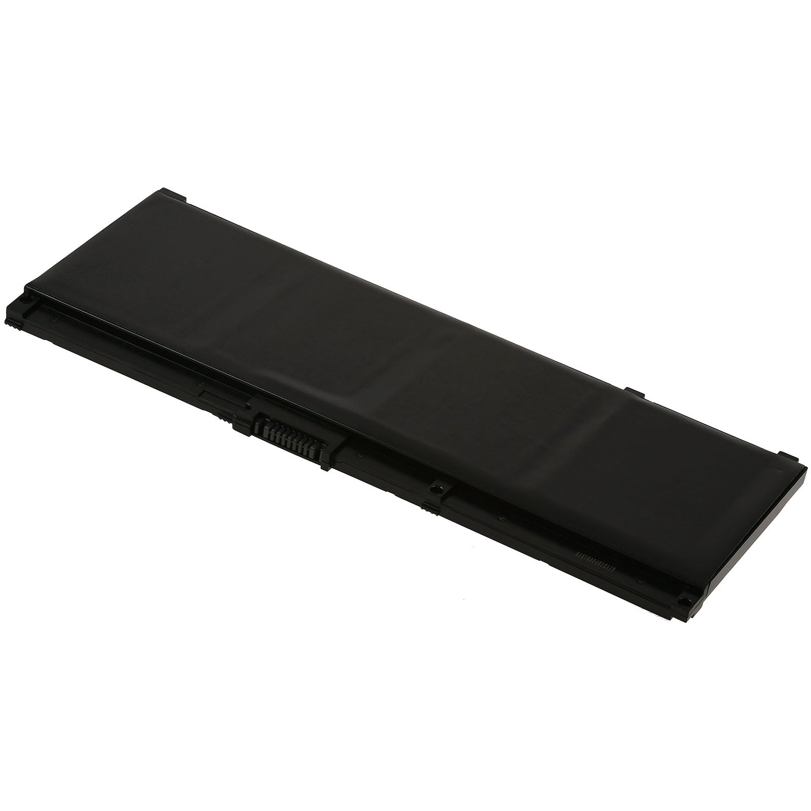 Batería negra para portátil. Es rectangular y tiene un conector lateral.