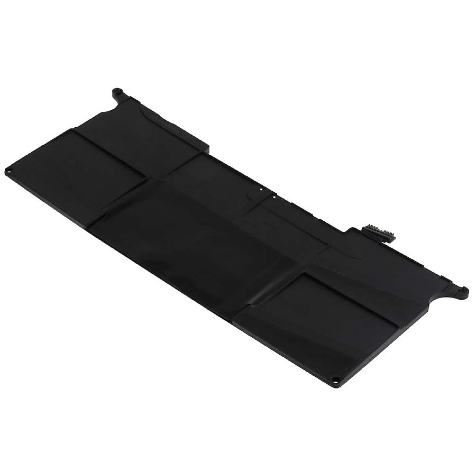 Componente de batería negra sobre fondo blanco. Forma rectangular con múltiples secciones y bordes angulados.
