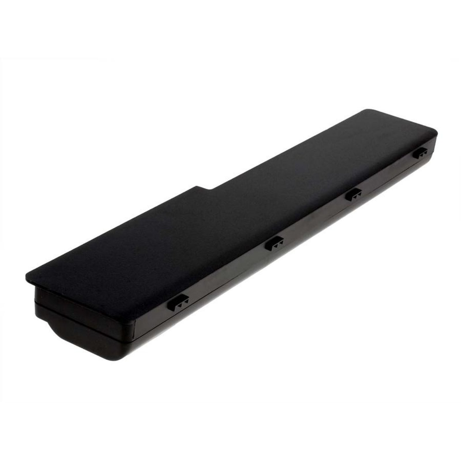 Batería negra de portátil. Forma rectangular con una superficie lisa. La batería tiene algunos sujetadores pequeños.