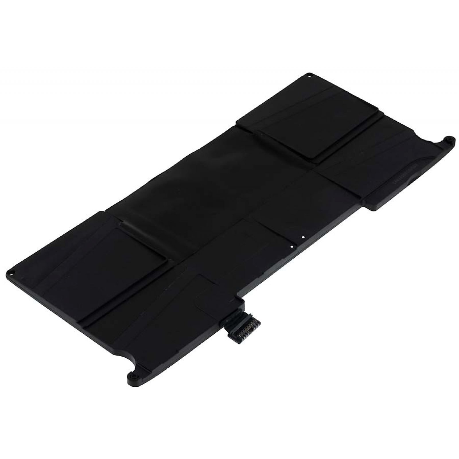 Una batería negra para portátil con forma rectangular, con algunos conectores, aislada sobre fondo blanco.