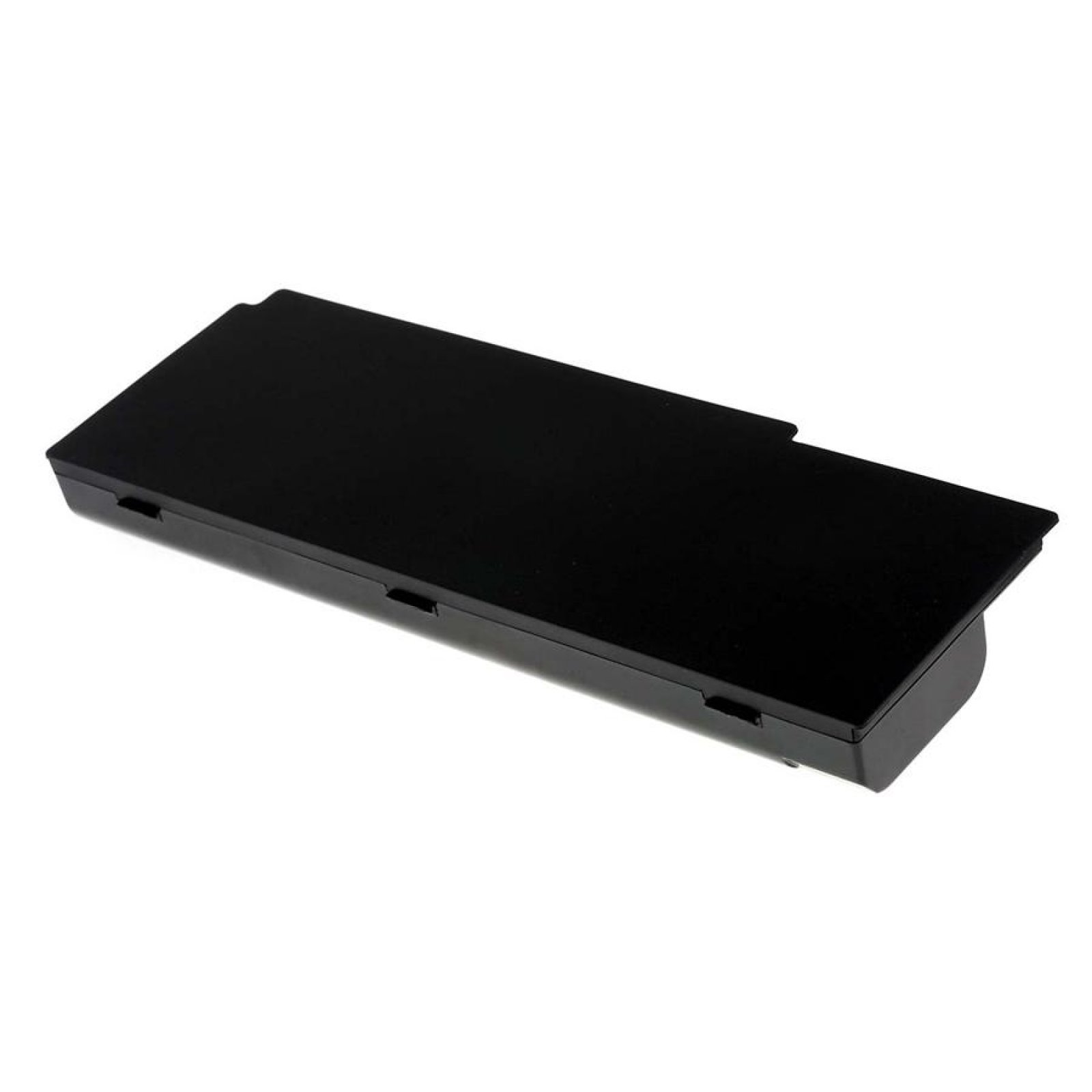 Una batería de portátil negra. De forma rectangular. La batería tiene algunos sujetadores pequeños y una superficie lisa.