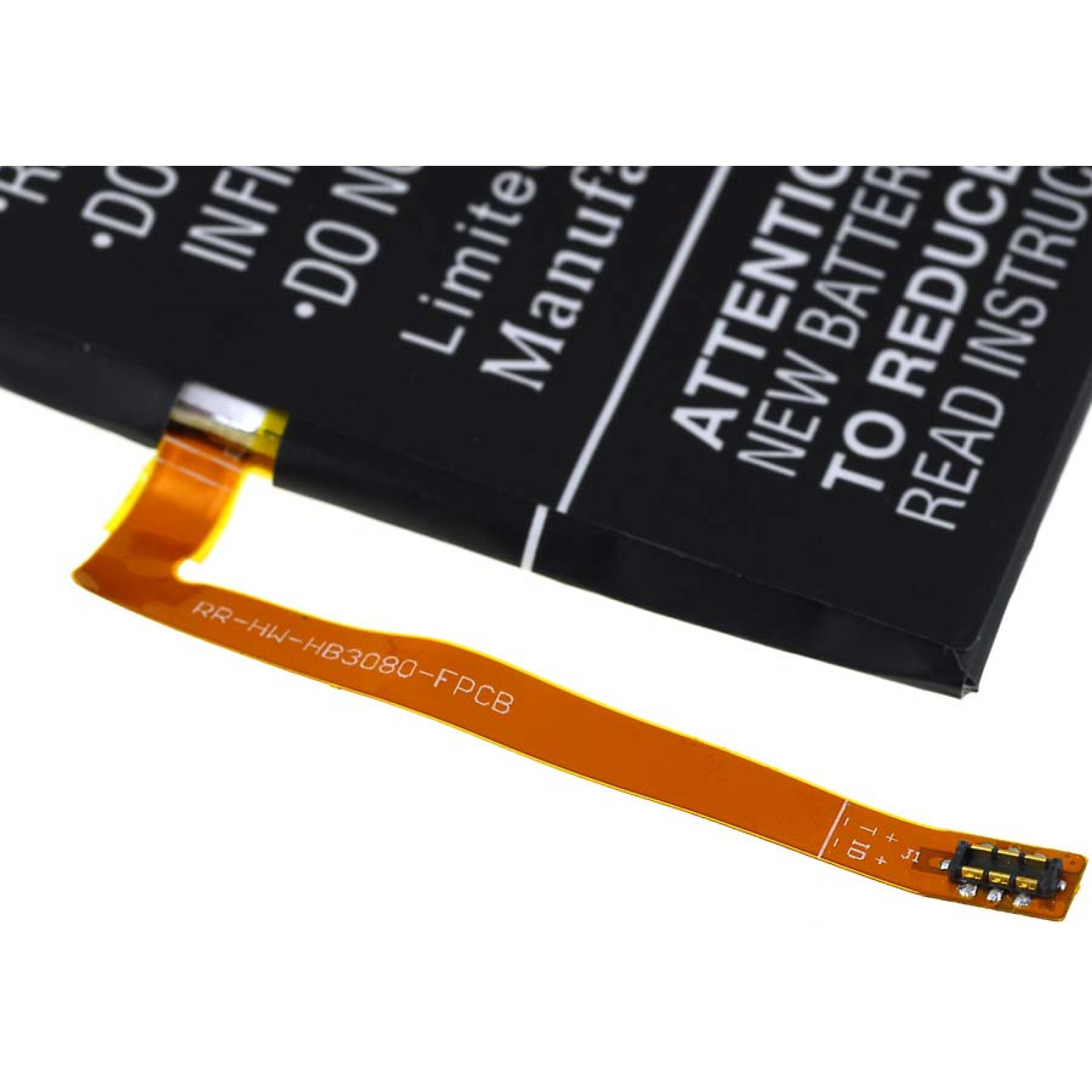 Un componente de batería de teléfono con cable flexible adjunto, texto de advertencia en blanco.
