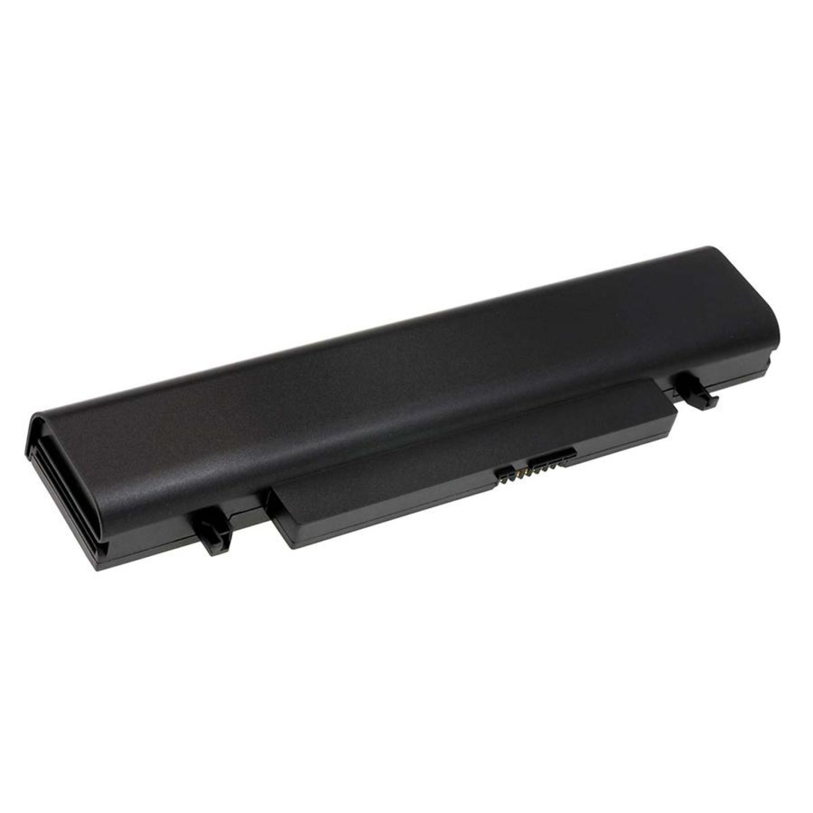 Batería negra para portátil con forma rectangular larga. La batería está sobre un fondo blanco.