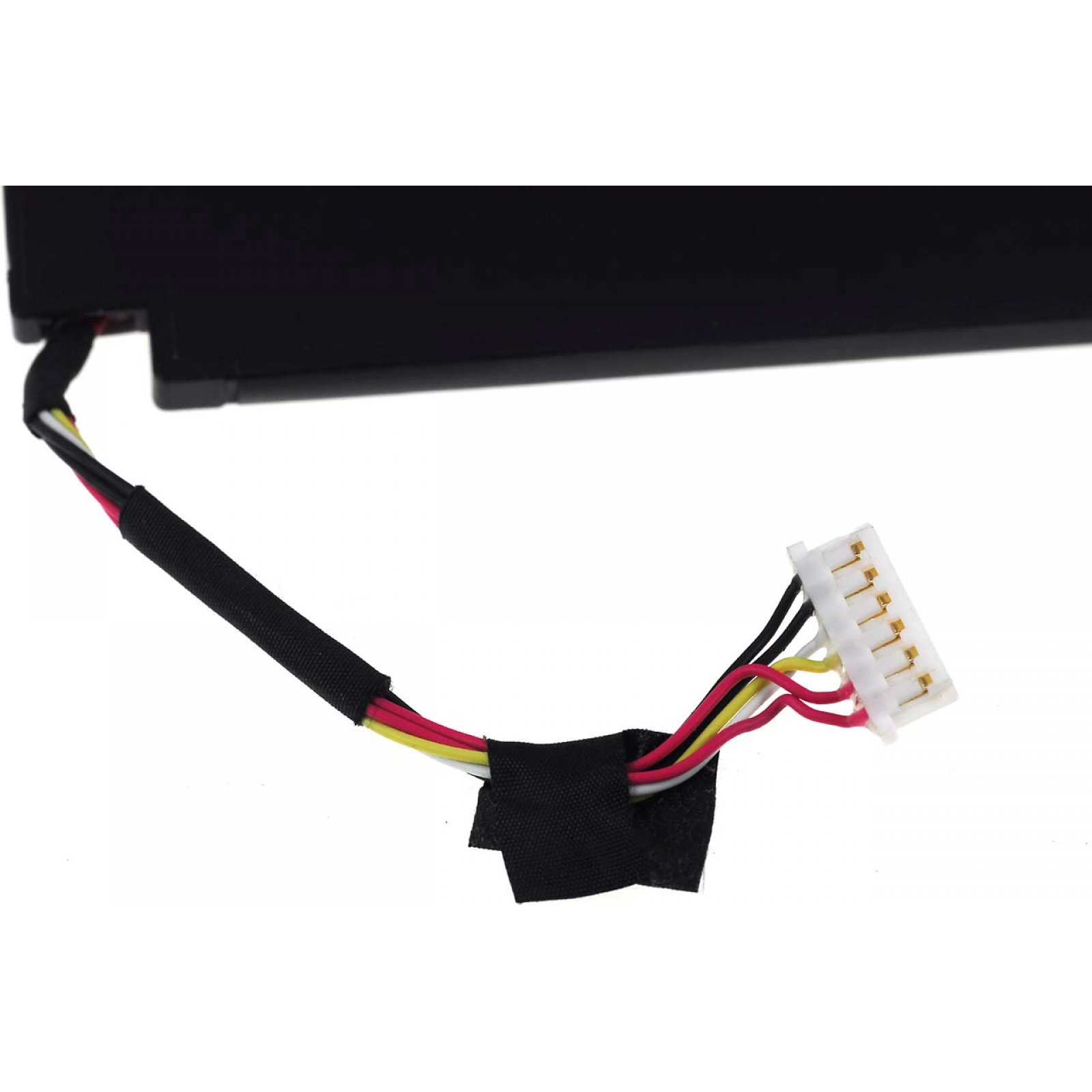 Conector de batería negro con múltiples cables de colores adjuntos. Los cables son negro, blanco, rojo, amarillo.