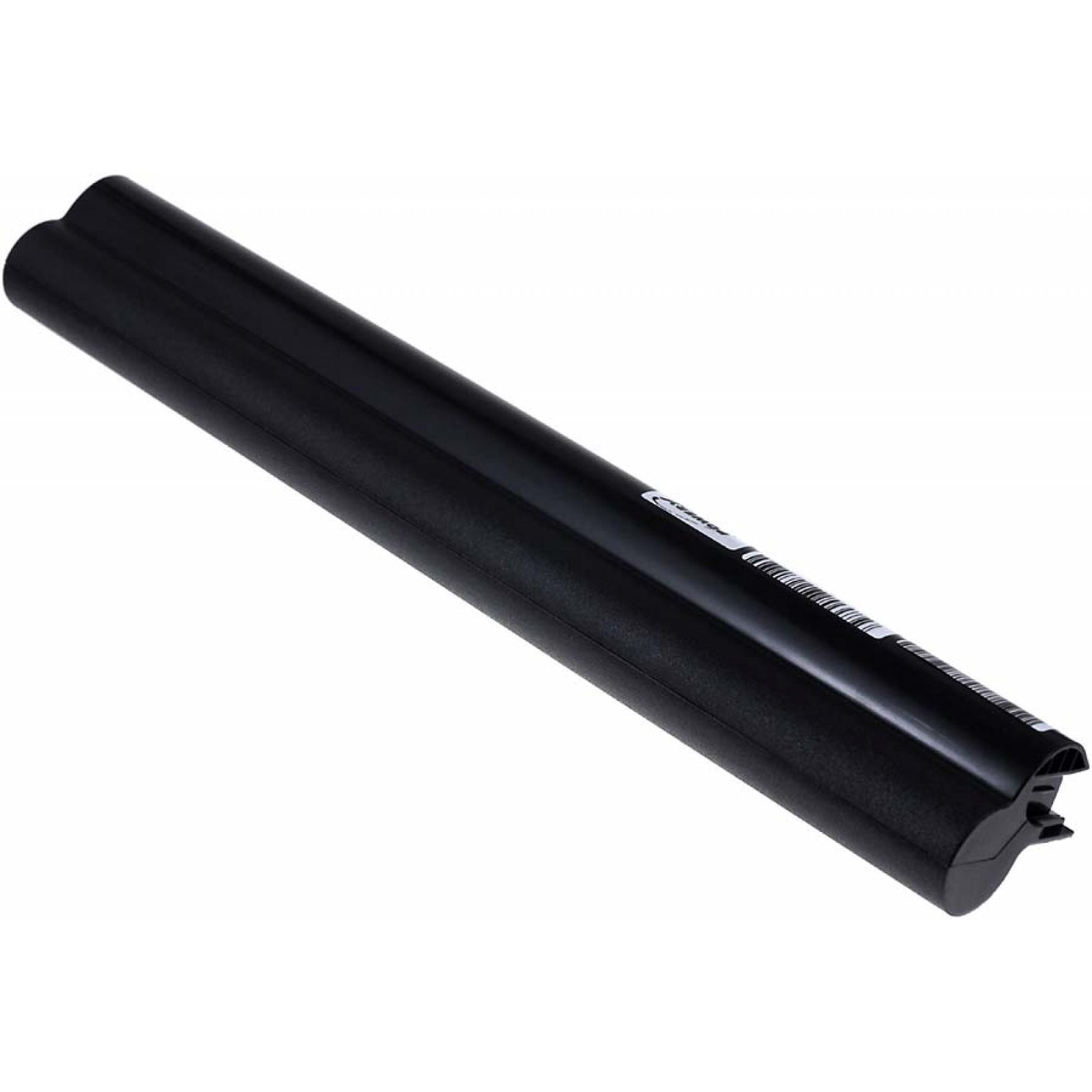Batería negra para portátil, forma cilíndrica larga, con conector en un extremo.