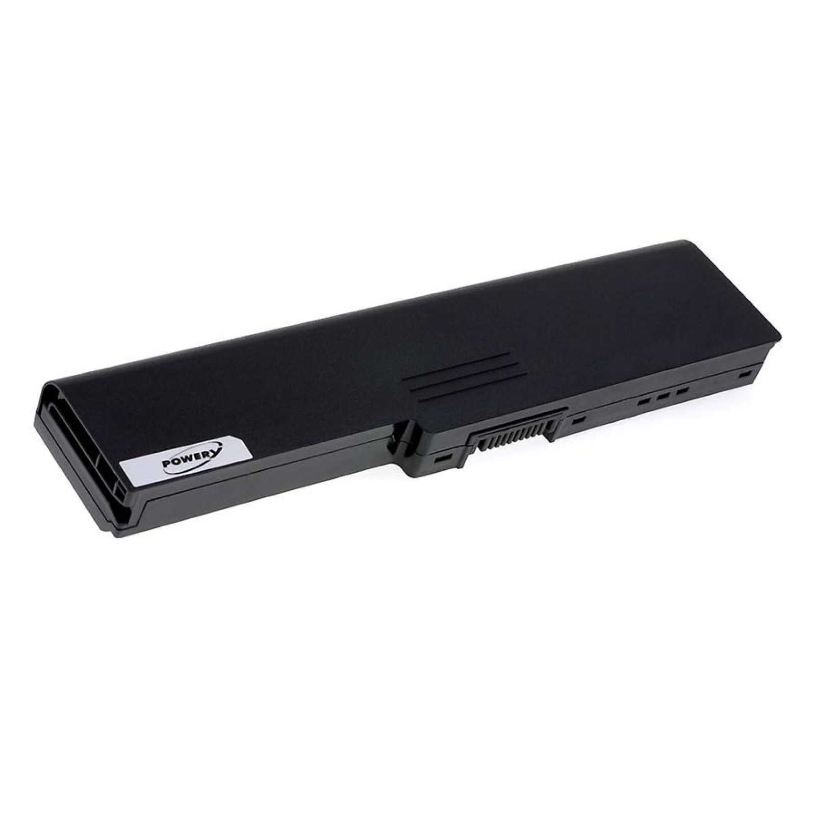 Batería negra para portátil con una etiqueta. Es de forma larga, negra y rectangular.