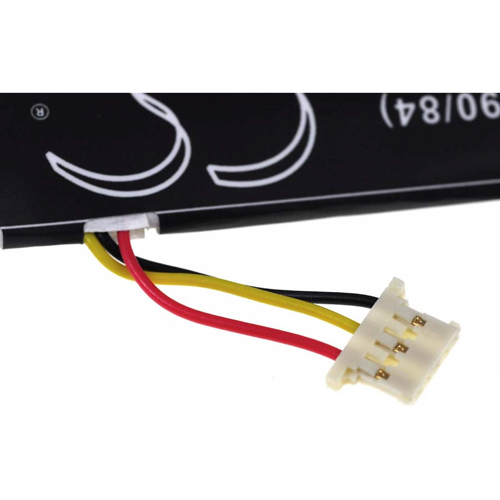 Un primer plano de una batería con cables coloridos conectados a un conector blanco.