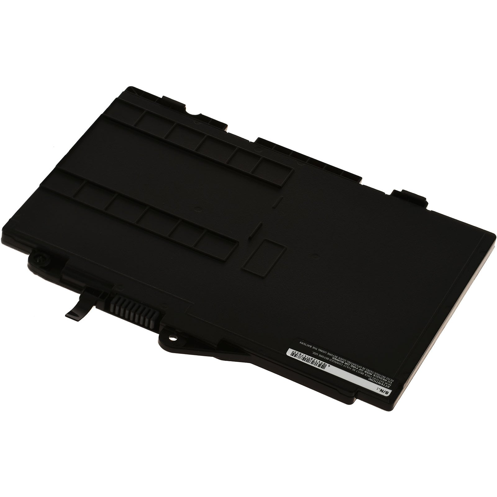 Ein schwarzer Laptop-Akku. Der Akku ist rechteckig und hat ein Etikett.