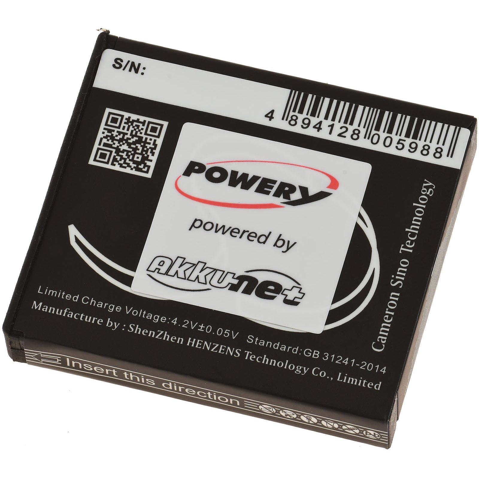 Batería negra con etiqueta blanca, texto negro. La etiqueta dice 'Powery, powered by Akku net'.