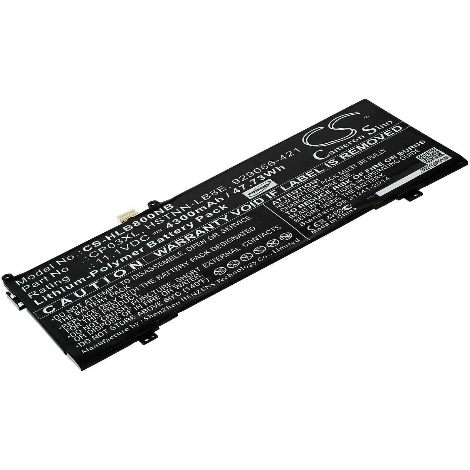 Eine Batterie mit einem Warnhinweis und Text. Die Batterie ist schwarz und hat ein weißes Etikett.