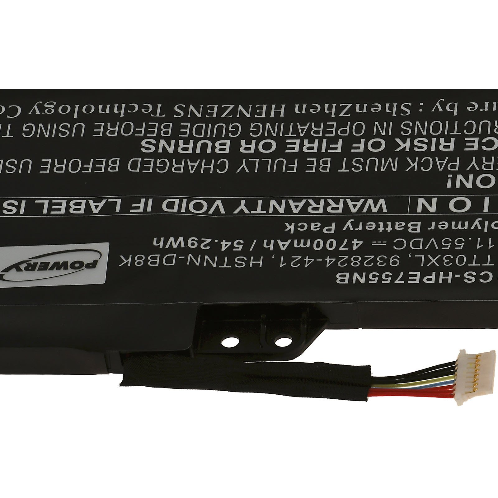 Primer plano de una batería negra de portátil mostrando una etiqueta y un conector con cables.