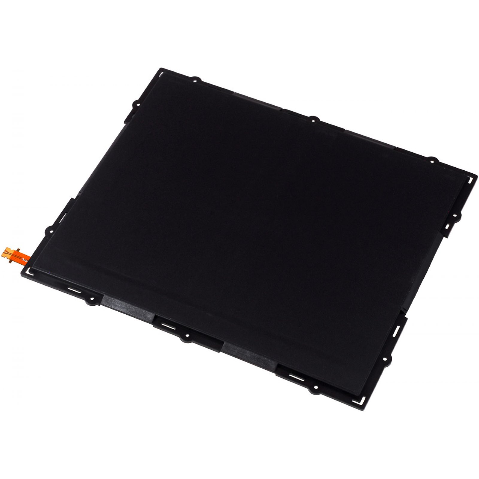 Batería negra. Forma rectangular con un recorte rectangular sobre una superficie blanca. Conectores naranjas.