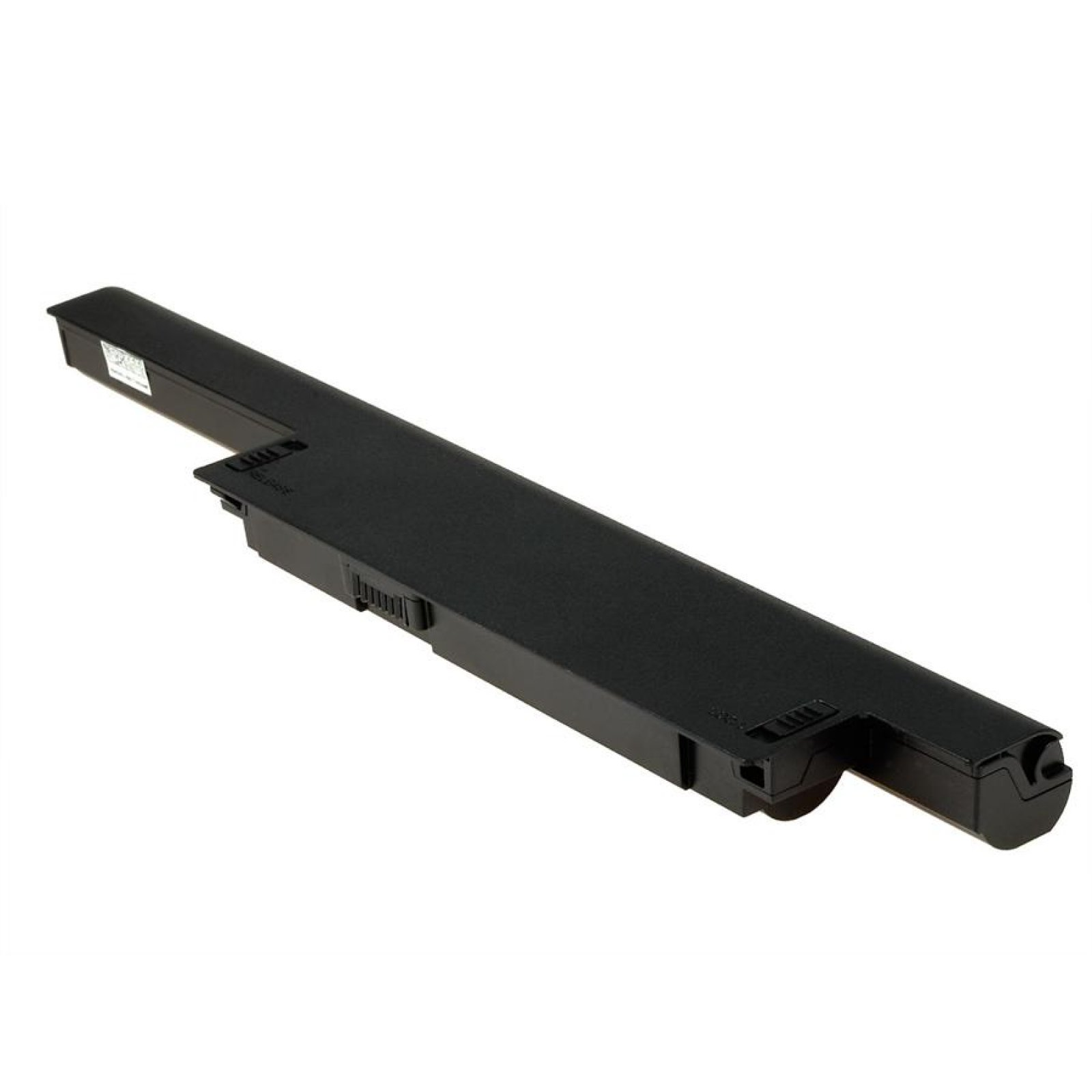 Batería negra para portátil. La batería es rectangular con una parte superior ligeramente inclinada. La parte inferior tiene ranuras para conectores.