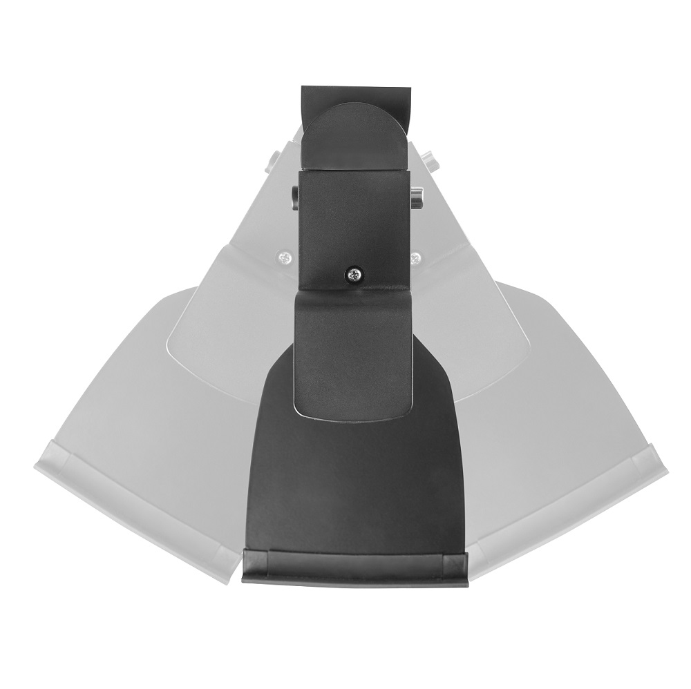 Schwarze Monitorhalterung. Die Halterung wird in der Mitte mit dem Arm in drei Positionen gezeigt.