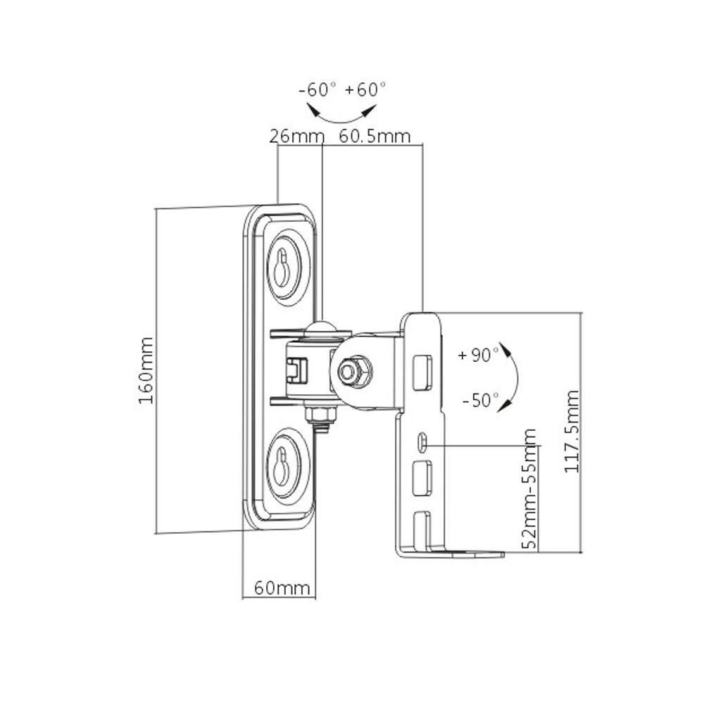 Diagramm einer Wandhalterung mit Abmessungen und Winkeln, auf weißem Hintergrund.