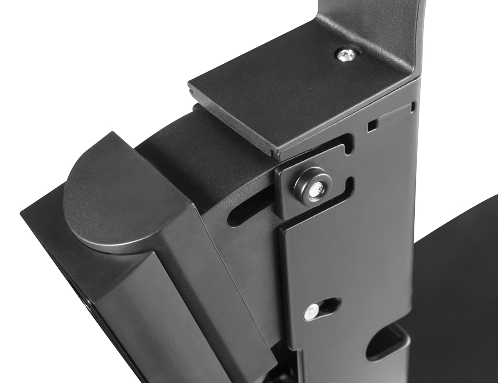 Schwarze Metallhalterung mit Schrauben auf weißem Untergrund.