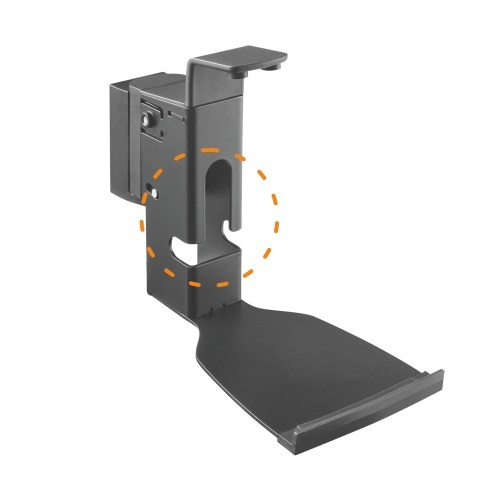 Schwarze Soundbar-Halterung mit Haken und Plattform, freigestellt auf Weiß.