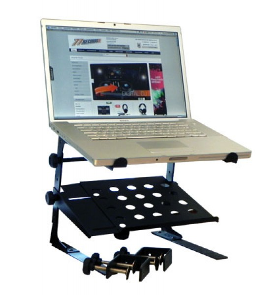 Laptop-Computer auf einem Ständer mit unterem Regal, Metallstützen und schwarzem Sockel.