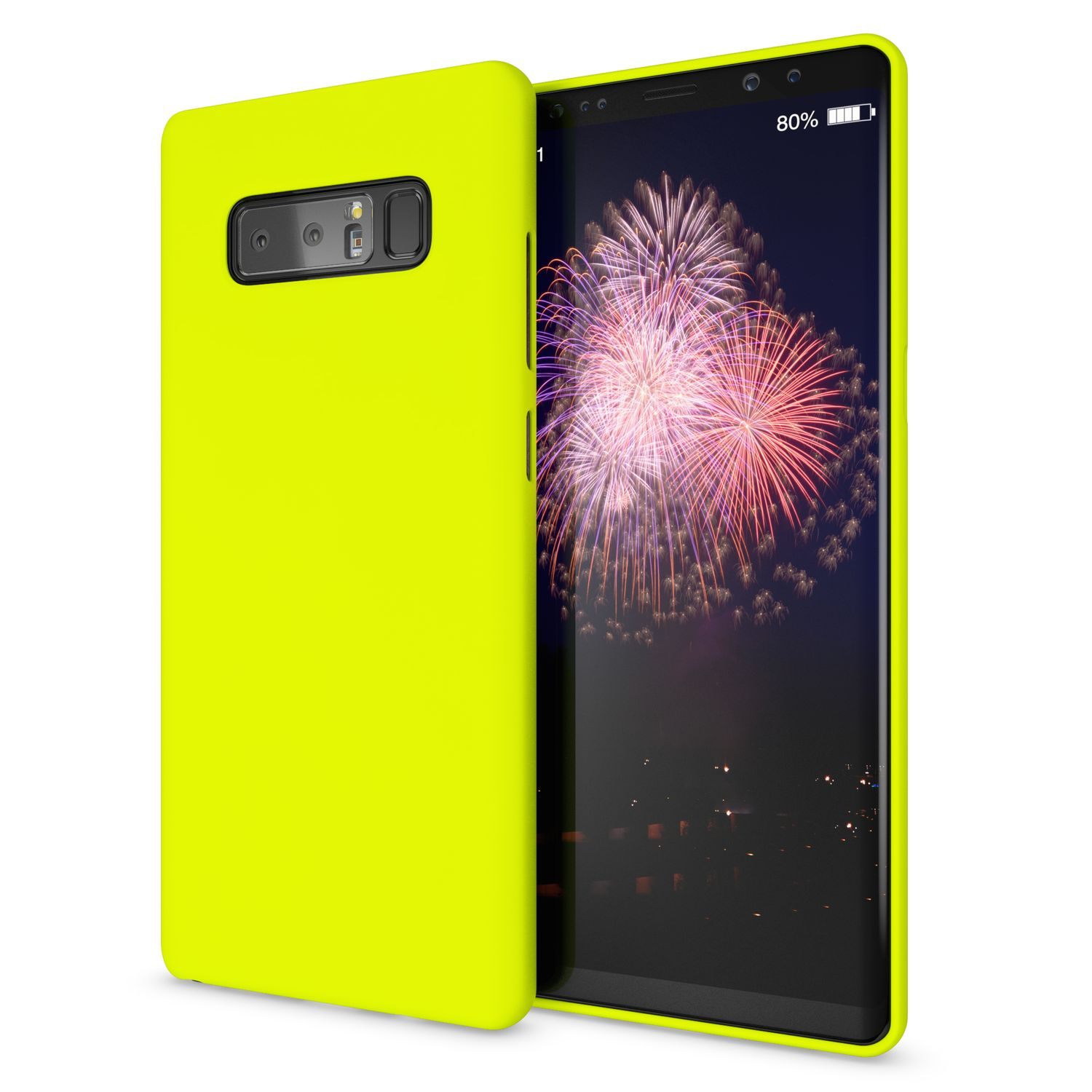 Eine gelbe Handyhülle neben einem Telefon mit einem Bildschirm, auf dem Feuerwerk zu sehen ist. Das Telefon ist schwarz.