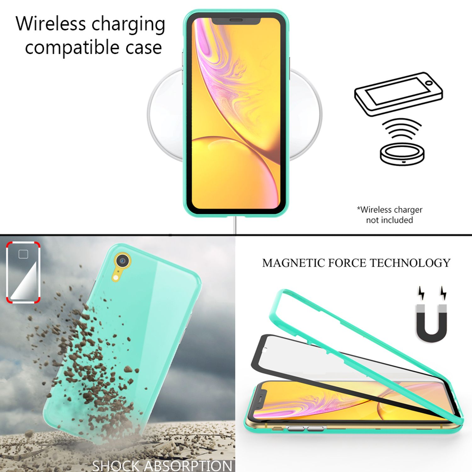 Telefon in einer Hülle mit kabellosem Ladegerät und Magnet, zeigt Stoßdämpfung.